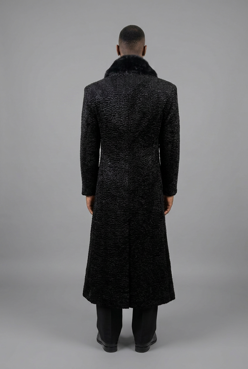 Stacy Stewart Smith Men's Grand Soir Montmartre Persian Lamb Coat with Detachable Shearling Collar, shown back view on a mannequin at 6'3.
