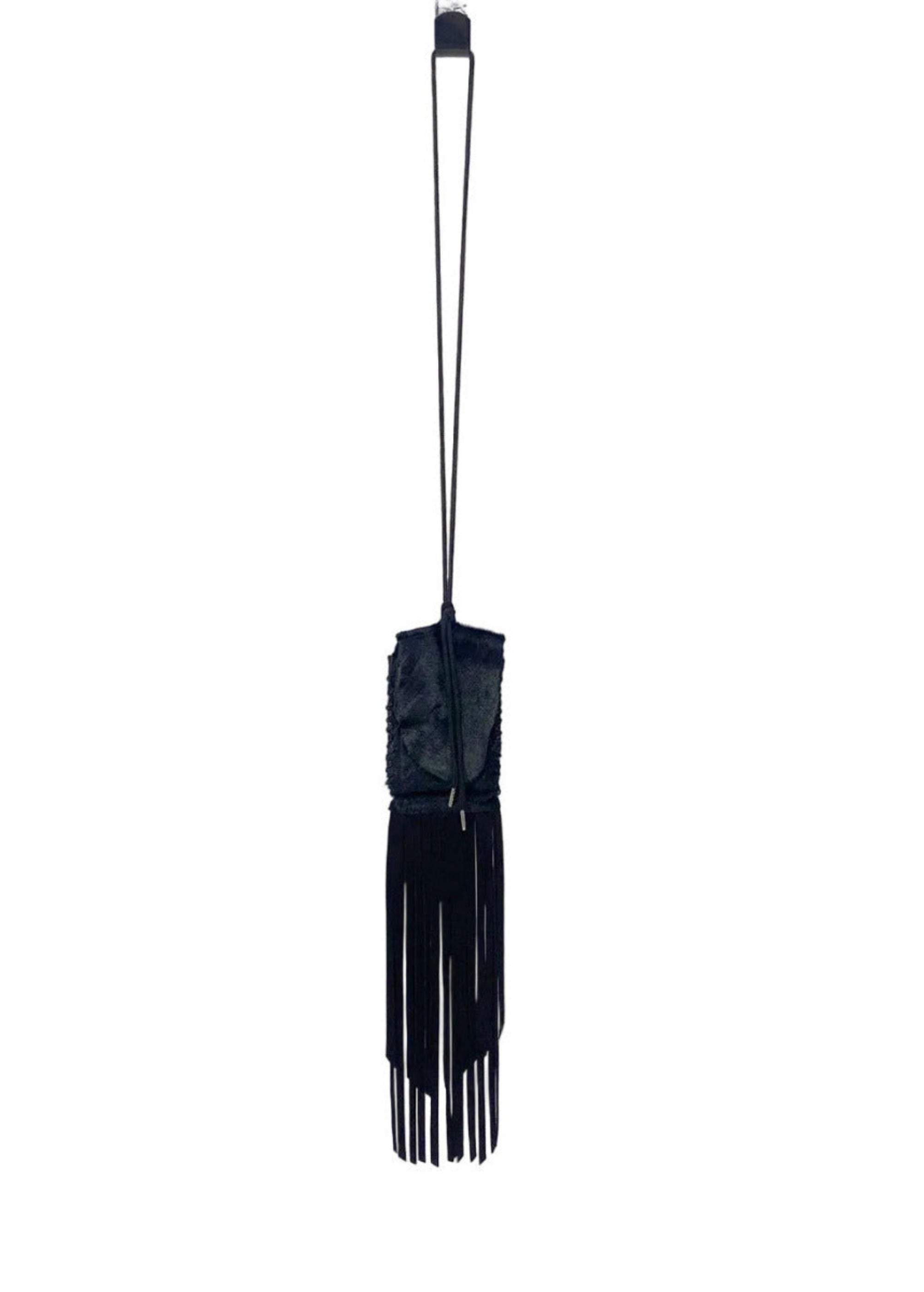 Stacy Stewart Smith Hair-On Calf Fringed Hope Wallet front view hanging from a hook with white background.