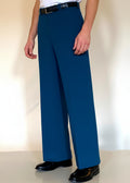 Stacy Stewart Smith Men's Blue Lagoon Teal Knit Flat Front Windsor Pants on mannequin 6'3" 3/4 frontal view.