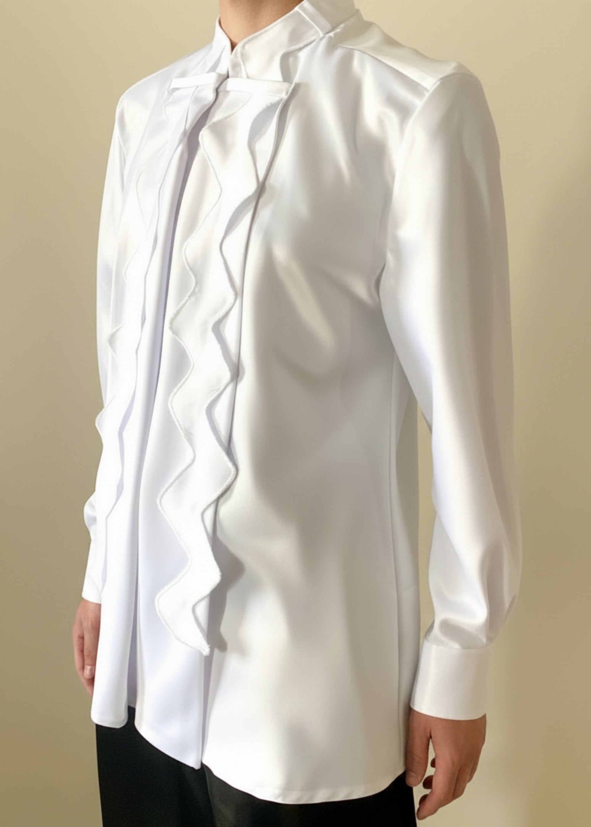 Stacy Stewart Smith Men's White Noble Innocent Satin Shirt front 3/4 view on mannequin 6'3" against antique white backdrop.