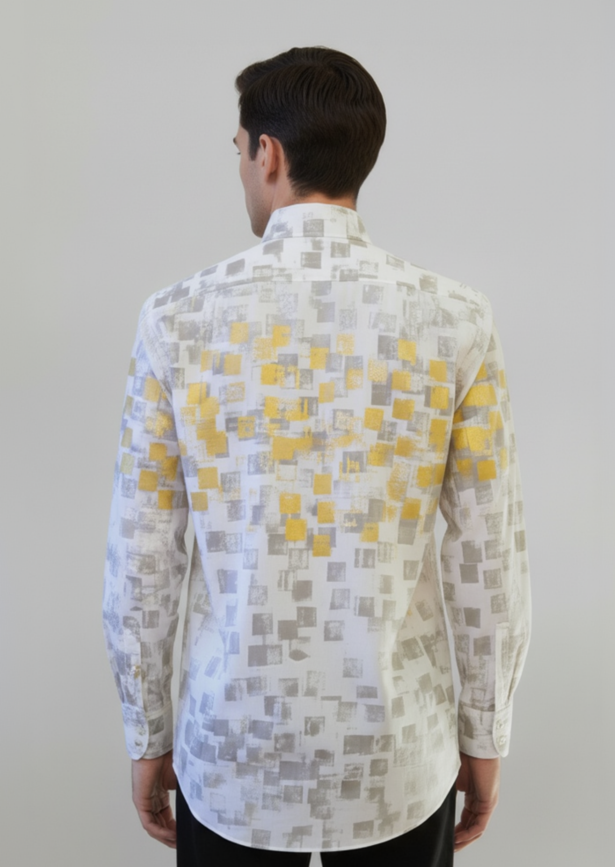 Stacy Stewart Smith Men's White Premium Cotton Percale Hand-Painted Gold & Silver Pixels Shirt on a mannequin 6'3" back view with gray background. 