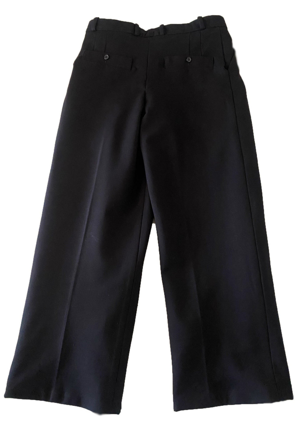 Stacy Stewart Smith Men's Black Knit Pleated Windsor Pants on mannequin 6'3" flat back view on white surface.