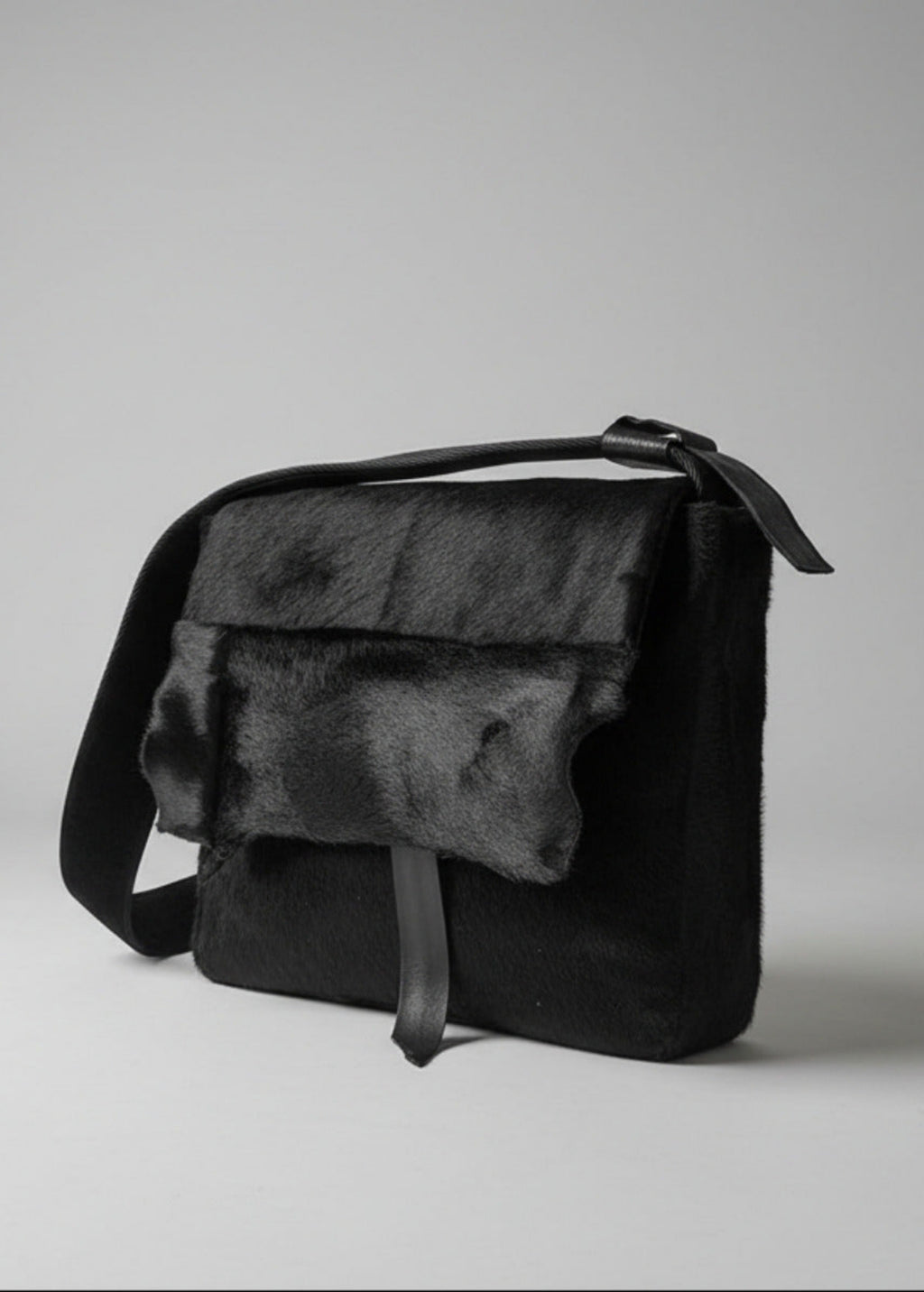 Stacy Stewart Smith Hair-On Calf Powder Satchel Bag 3/4 front view gray background. 