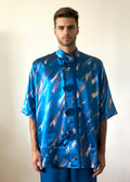Stacy Stewart Smith Men's Rhombus Shower Hand-Painted Pool Shirt-Jacket on mannequin 6'3" frontal view with fabric drape.