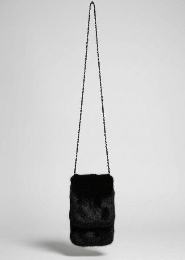 Stacy Stewart Smith Men's Black Gamma mink Sporran Pocket Bag front view hanging with gray backdrop.