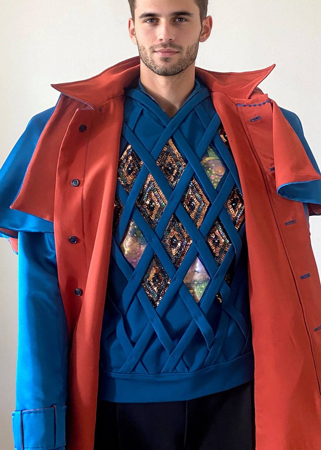 Stacy Stewart Smith Men's Baron Shower Coat on mannequin 6'3" closeup with caplet frontal view.