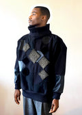 Stacy Stewart Smith Men's Black Harlequin Patch Sweatshirt on mannequin 6'3" frontal view mock neck up.