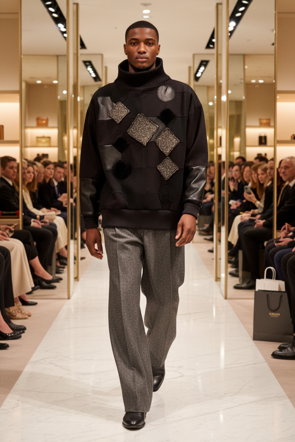 Model walking on a fashion runway wearing a STACY STEWART SMITH black sweater with geometric patterns and gray pants.