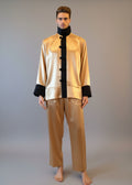 Stacy Stewart Smith Men's Golden Tang Satin Lounge Set in gold combo on a mannequin 6'3" closed with the collar up frontal view.