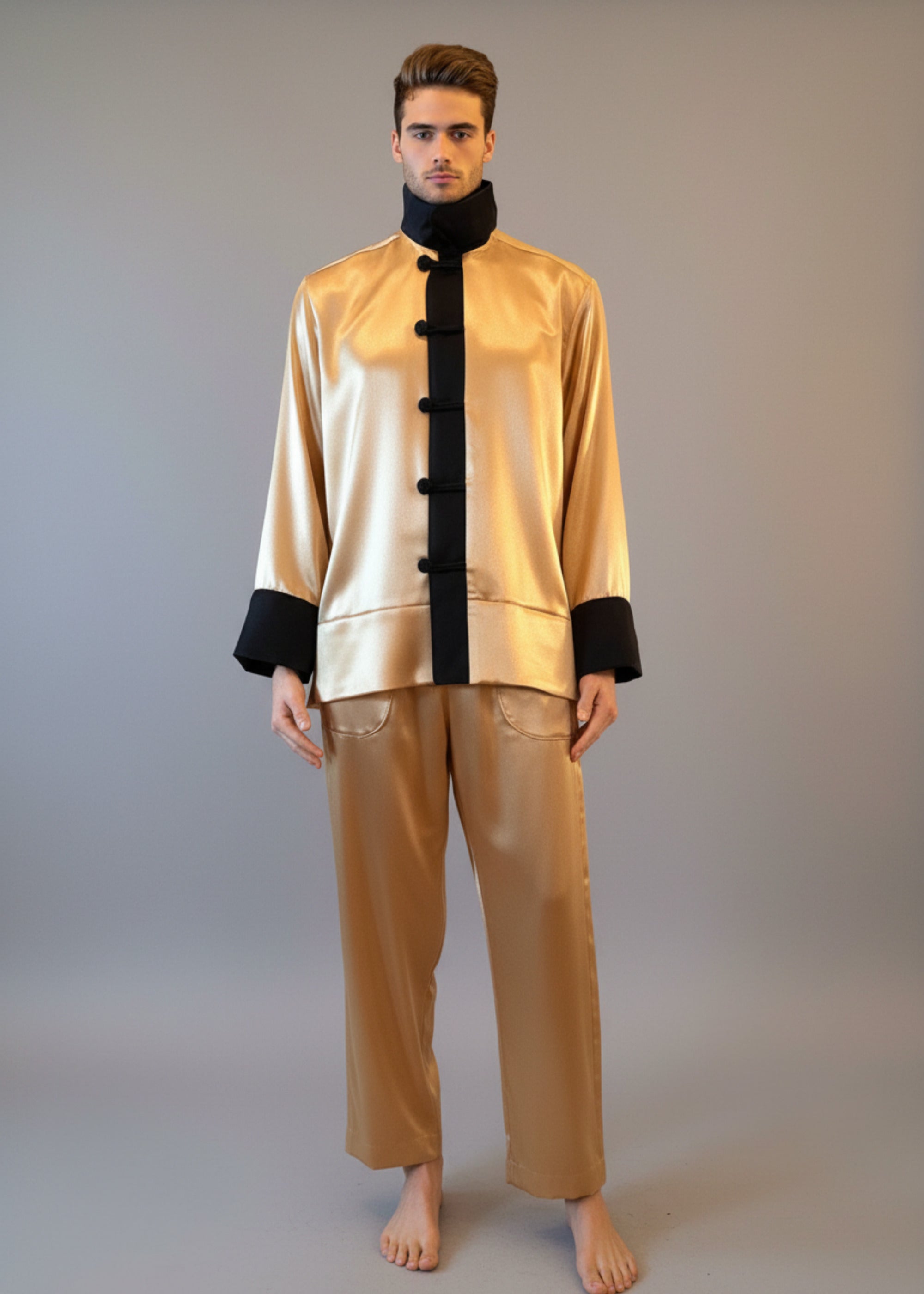 Stacy Stewart Smith Men's Golden Tang Satin Lounge Set in gold combo on a mannequin 6'3" closed with the collar up frontal view.