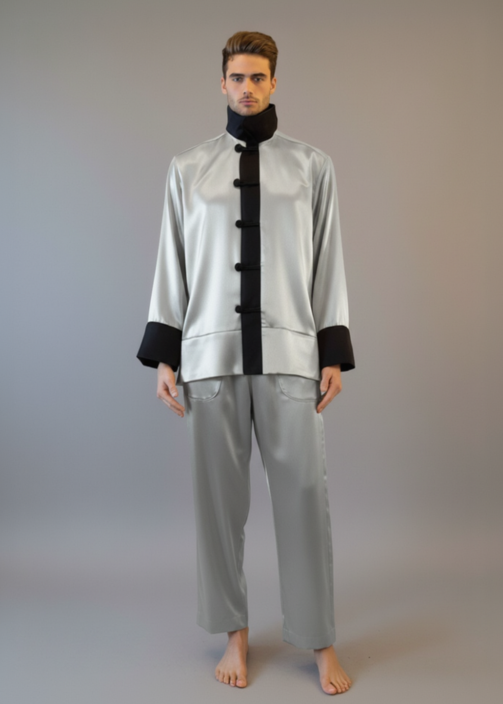 Stacy Stewart Smith Men's Golden Tang Satin Lounge Set in silver combo on a mannequin 6'3" closed with the collar up frontal view.