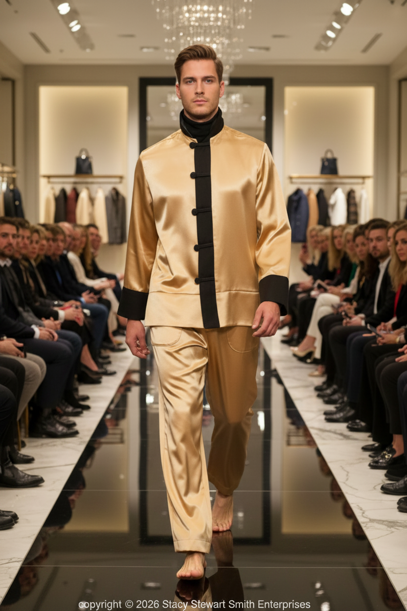 Model walking on a runway wearing a STACY STEWART SMITH GOLD TANG LOUNGE SET with black accents, surrounded by an audience.