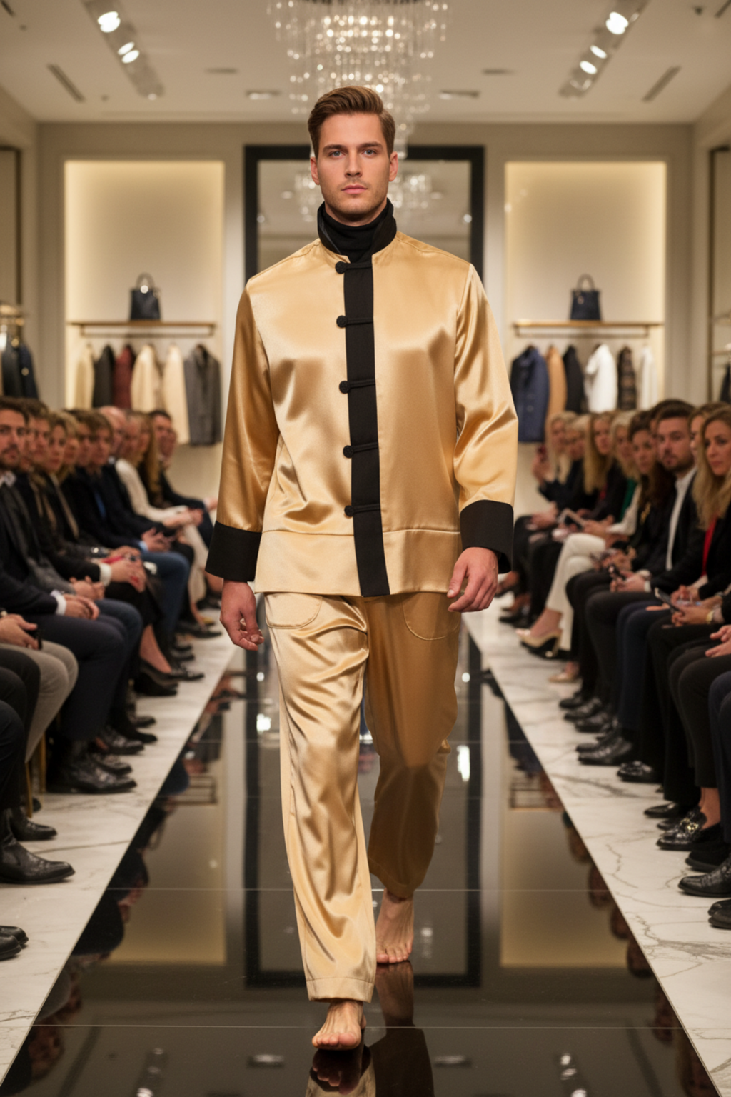 Model walking on a runway wearing a STACY STEWART SMITH GOLD TANG LOUNGE SET with black accents, surrounded by an audience.