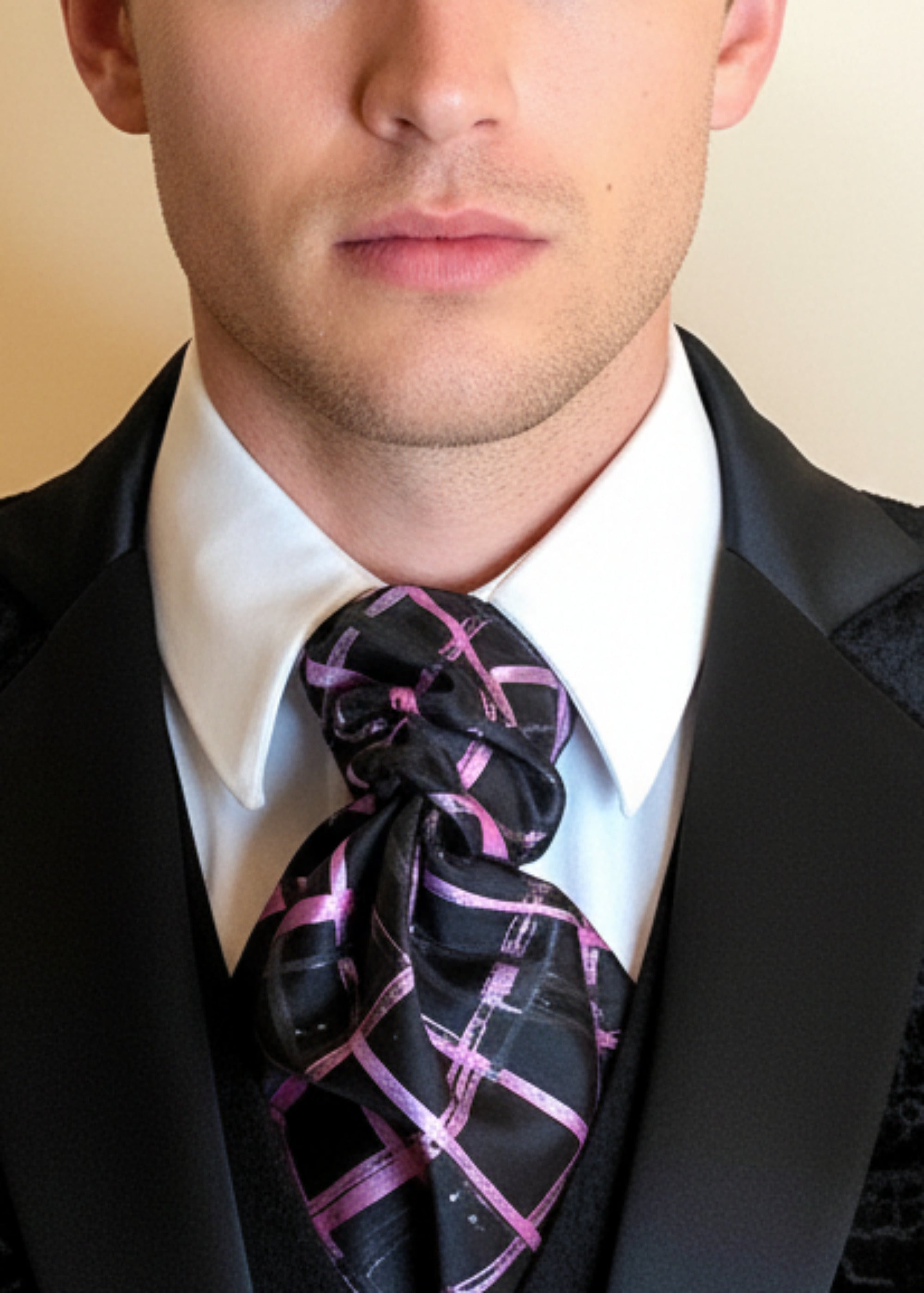 Stacy Stewart Smith Silk Satin Crosshatch Cravat in Shocking Pink on black with white shirt on male mannequin 6'3" front view.