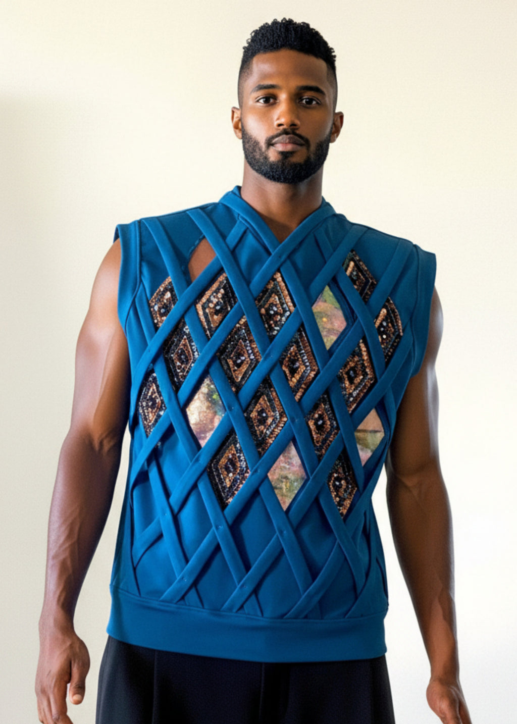 Stacy Stewart Smith Men's Rhombus Labyrinth Pullover Sleeveless Knit Top on mannequin 6'3" second front view.