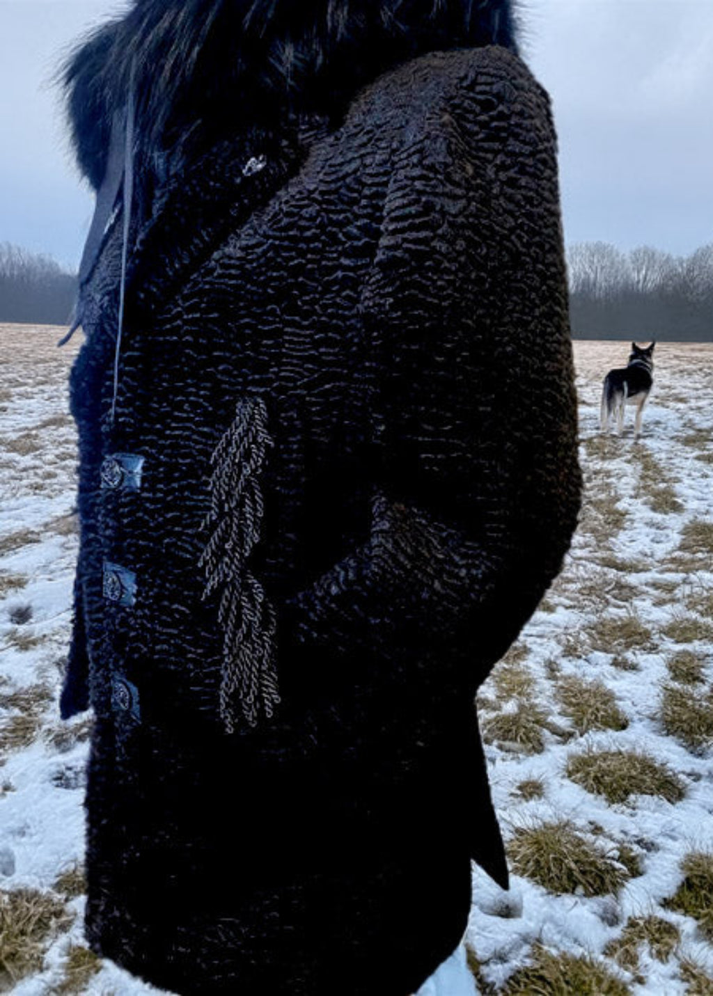 Stacy Stewart Smith Men's Black Knight Faux Persian Lamb Coat in Coal Black, close view frontal shown on mannequin at 6'3 with snowy meadow and dog background.