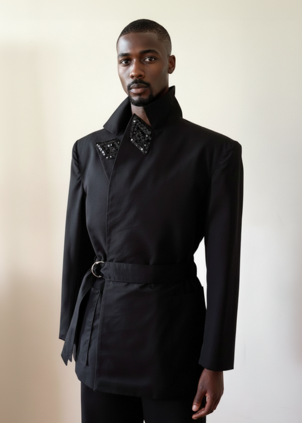 Sky & Ruby Trench-Jack in black front view collar up on a mannequin 6'3" in front of an antique white wall.