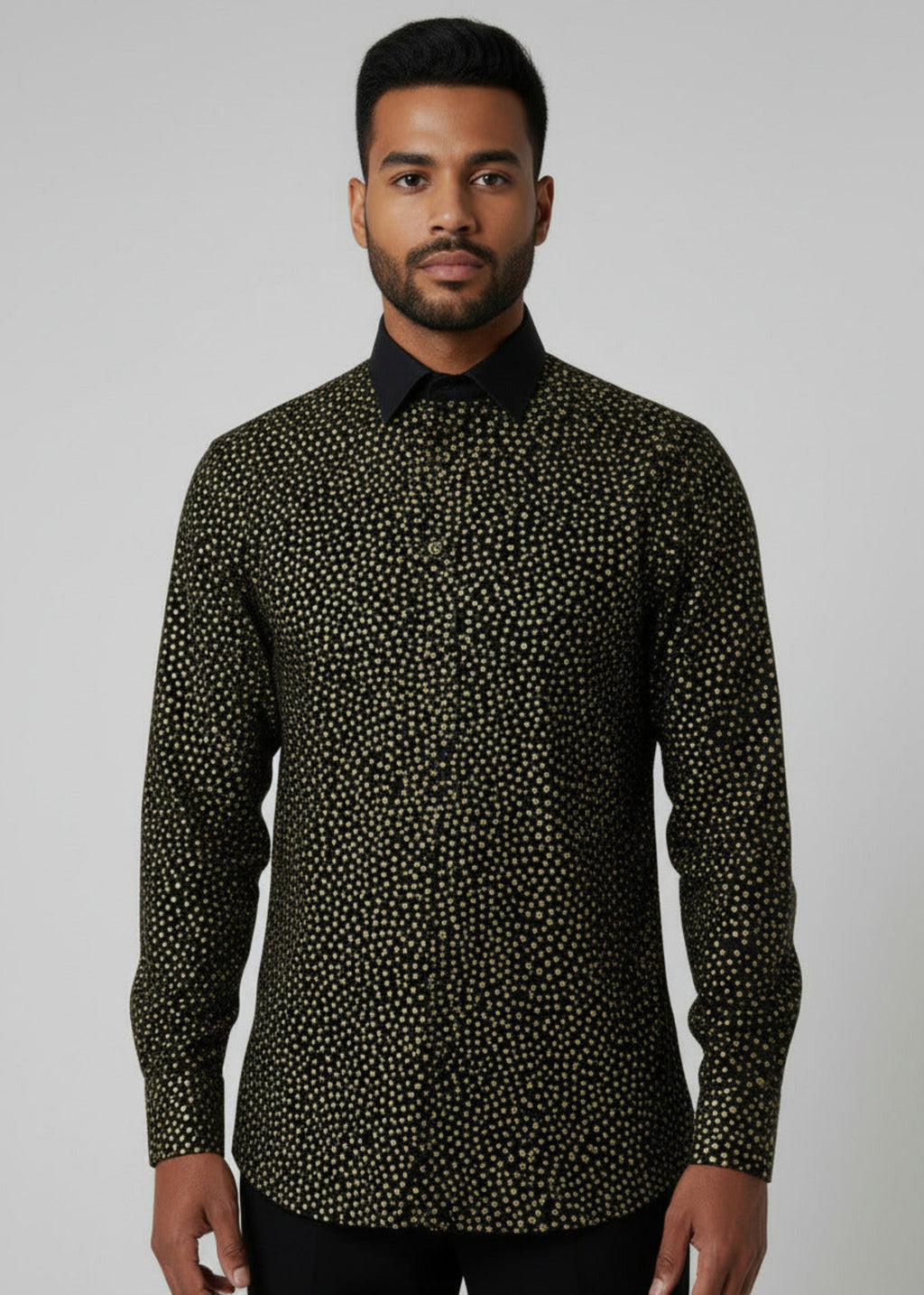 Stacy Stewart Smith Men's Golden Angels Black Premium Cotton Percale Hand-Painted Shirt on mannequin 6'3" front view.