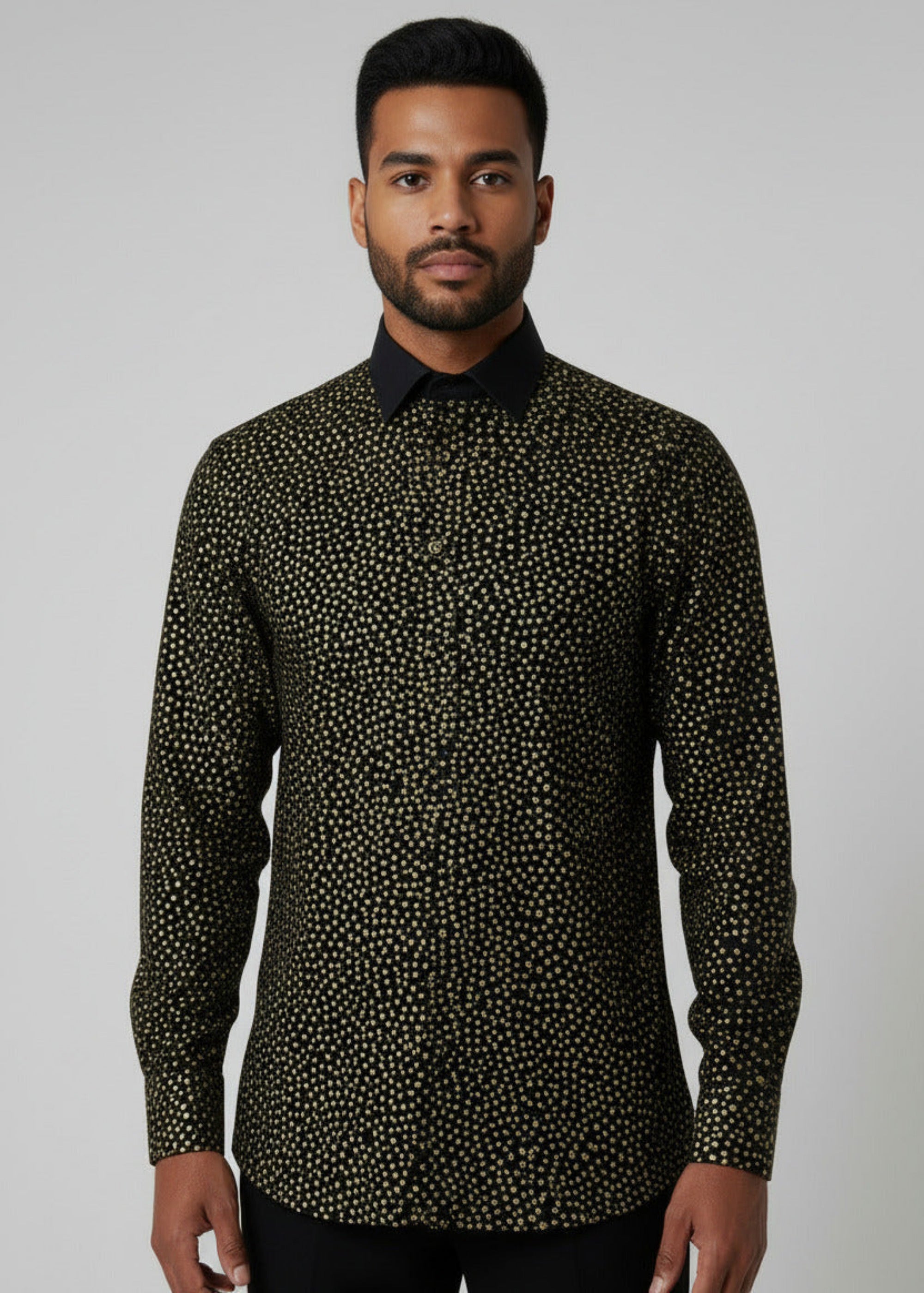 Stacy Stewart Smith Men's Golden Angels Black Premium Cotton Percale Hand-Painted Shirt on mannequin 6'3" front view.