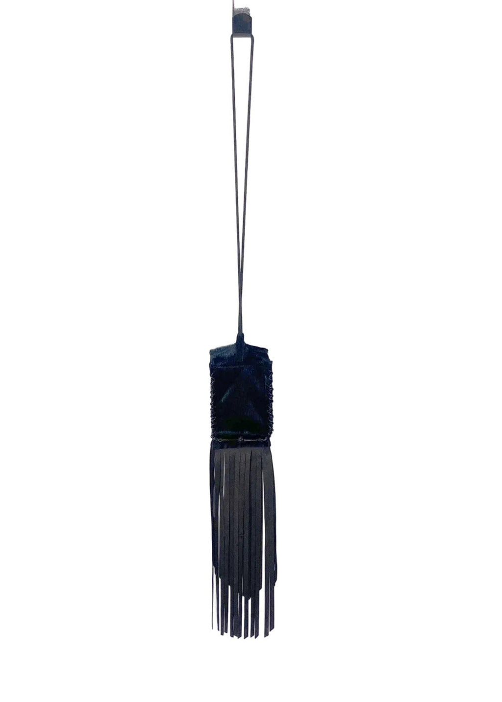 Stacy Stewart Smith Hair-On Calf Fringed Hope Wallet back view on a hook with white background.