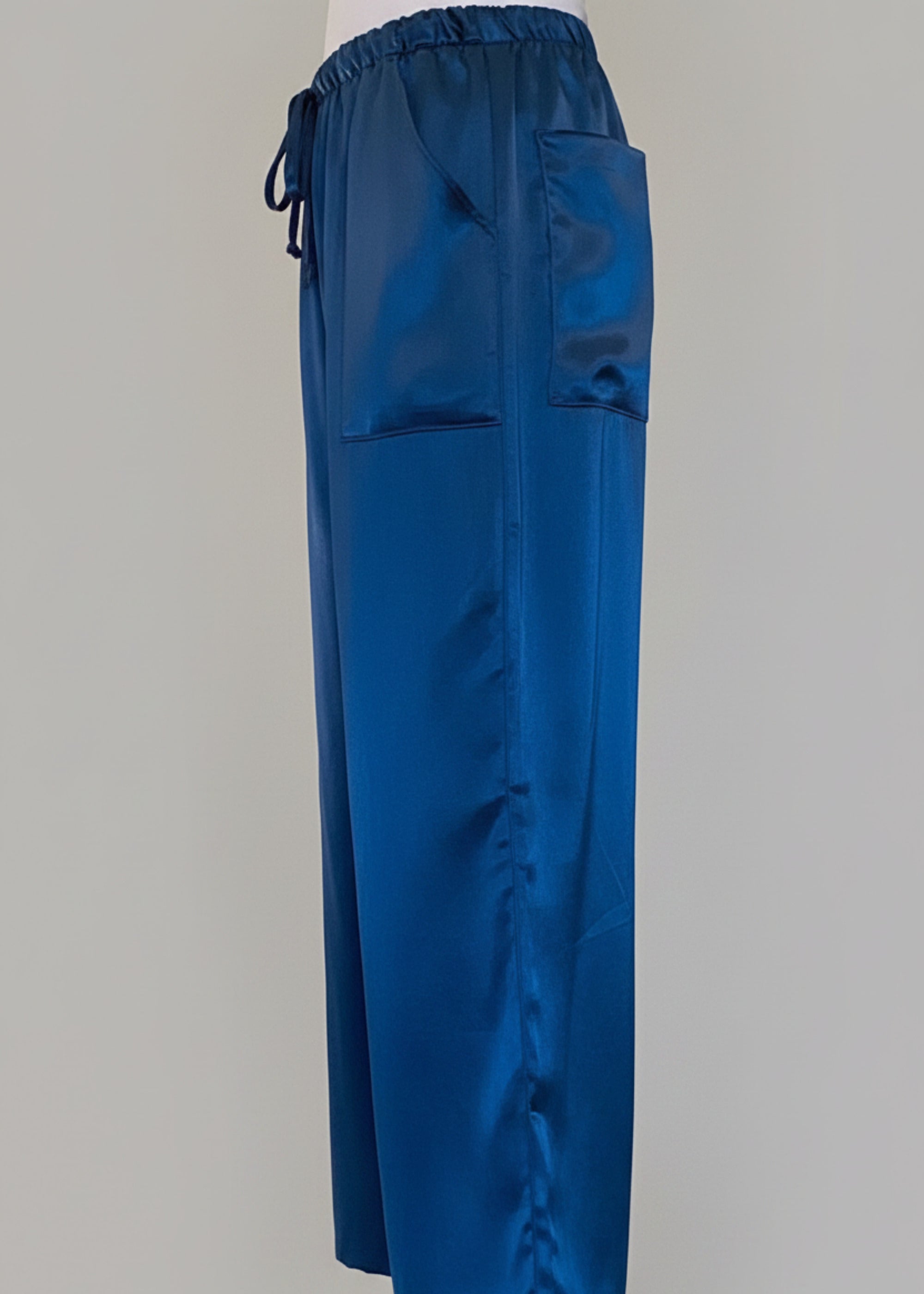 Stacy Stewart Smith Men's Blue Lagoon Satin Jiu-jitsu Pants on a mannequin 6'3" side view. 