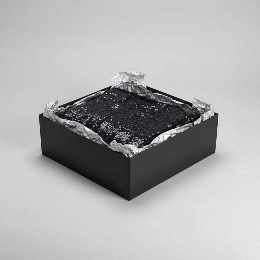 Stacy Stewart Smith Men’s Sequin and Hand-Printed Pixels Knight-Shirt in a black gift box with sllver tissue paper and a gray backdrop.