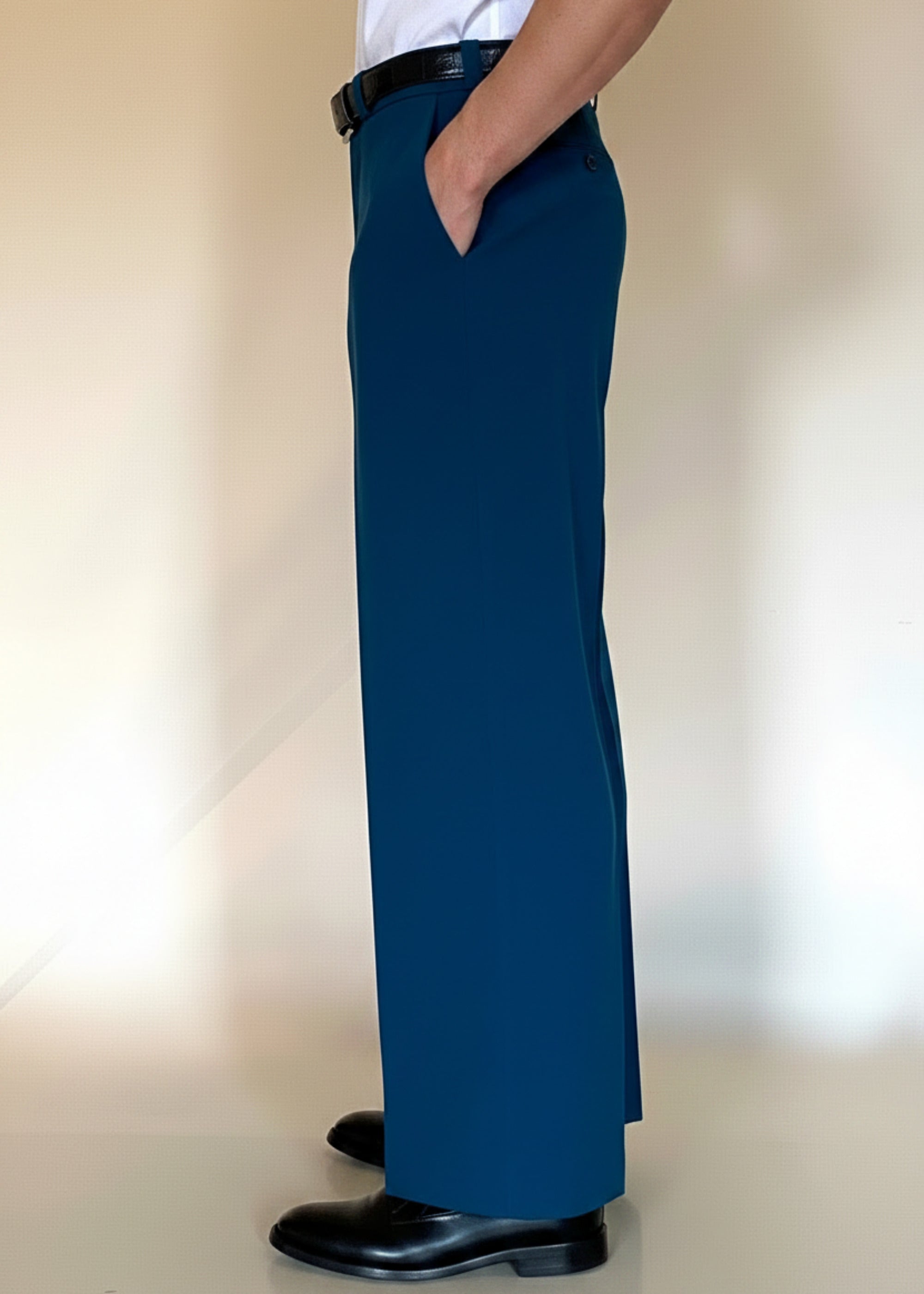 Stacy Stewart Smith Men's Blue Lagoon Teal Knit Flat Front Windsor Pants on mannequin 6'3" left side view.