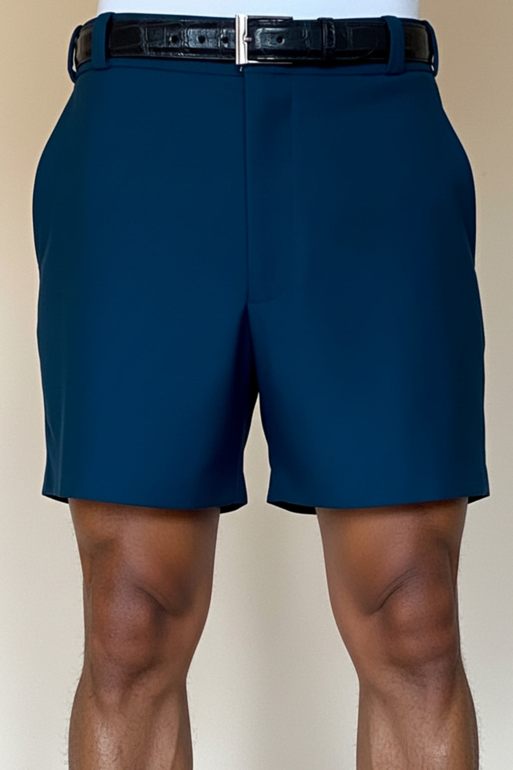 Stacy Stewart Smith Blue Lagoon Teal Flat Front Knit Windsor Shorts on mannequin 6'3" front view.