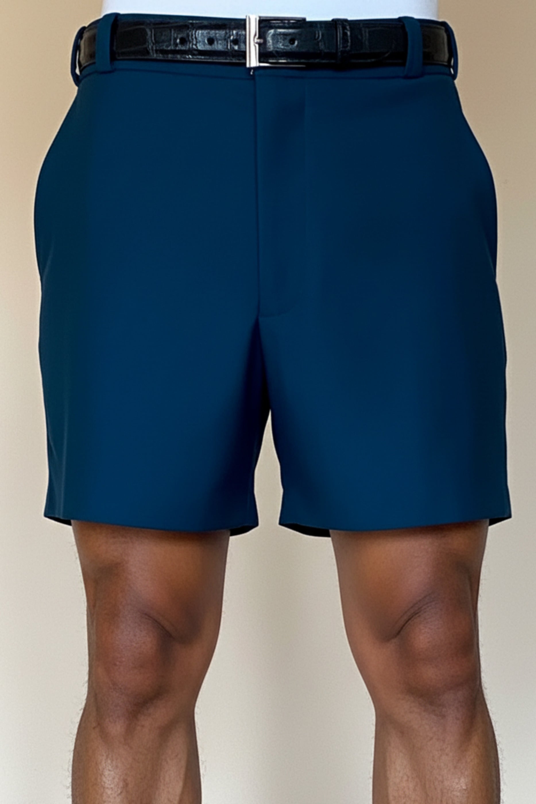 Stacy Stewart Smith Blue Lagoon Teal Flat Front Knit Windsor Shorts on mannequin 6'3" front view.