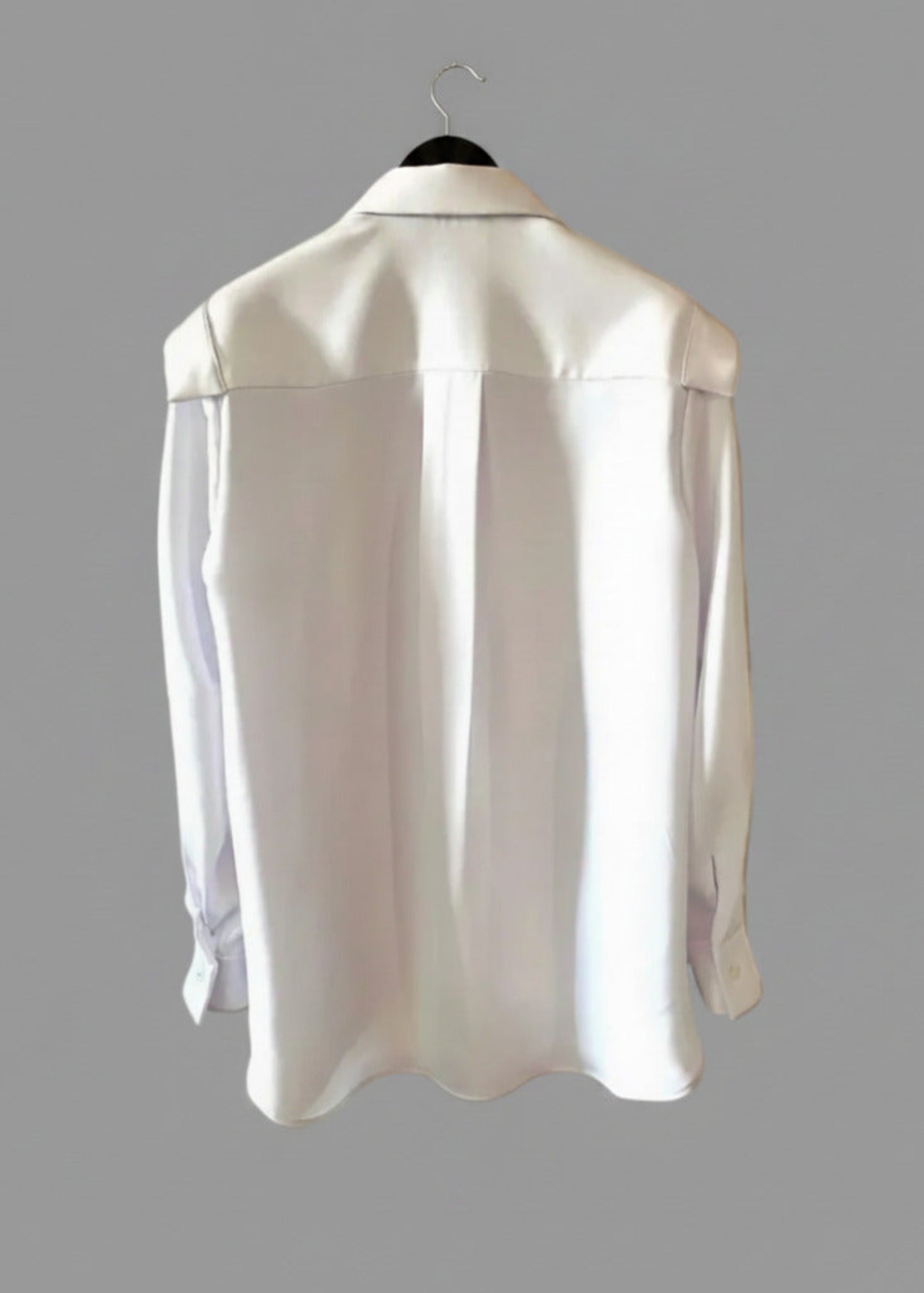 Stacy Stewart Smith Men's Poet Laureate White Silk Crepe Shirt on a hanger flat back view with jabot against gray backdrop.