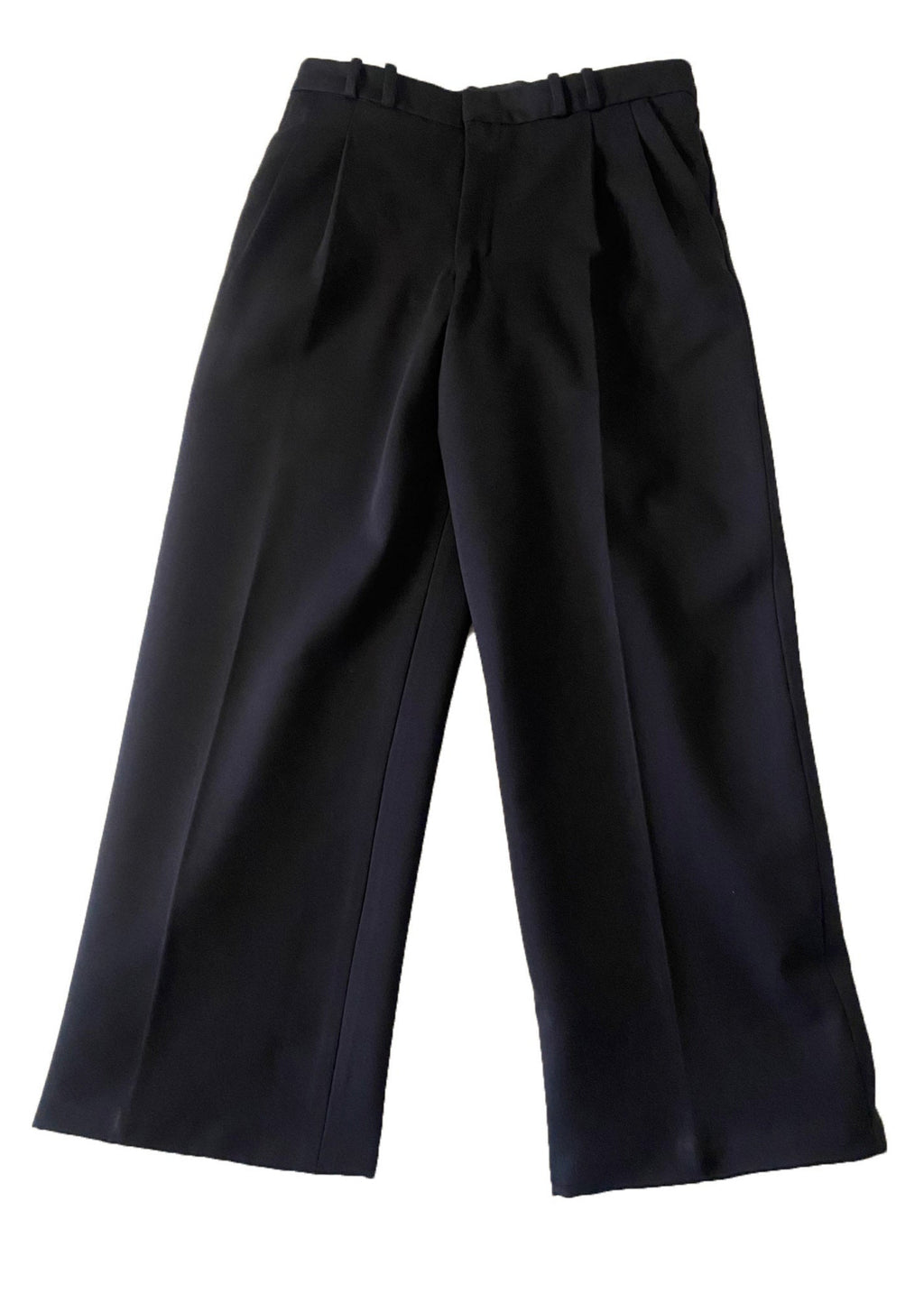 Stacy Stewart Smith Men's Black Knit Pleated Windsor Pants on mannequin 6'3" flat front view on white surface.