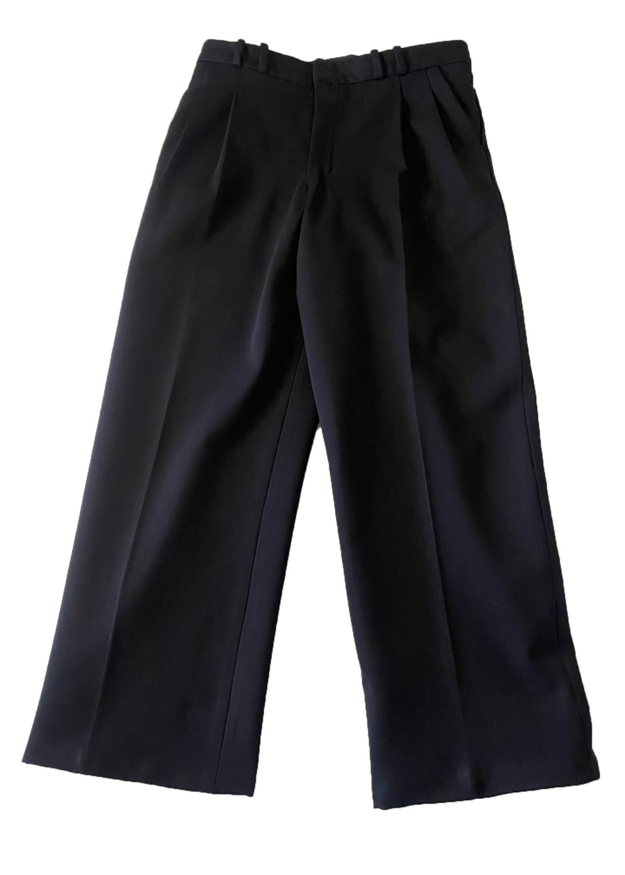 Stacy Stewart Smith Men's Black Knit Pleated Windsor Pants on mannequin 6'3" flat front view on white surface.