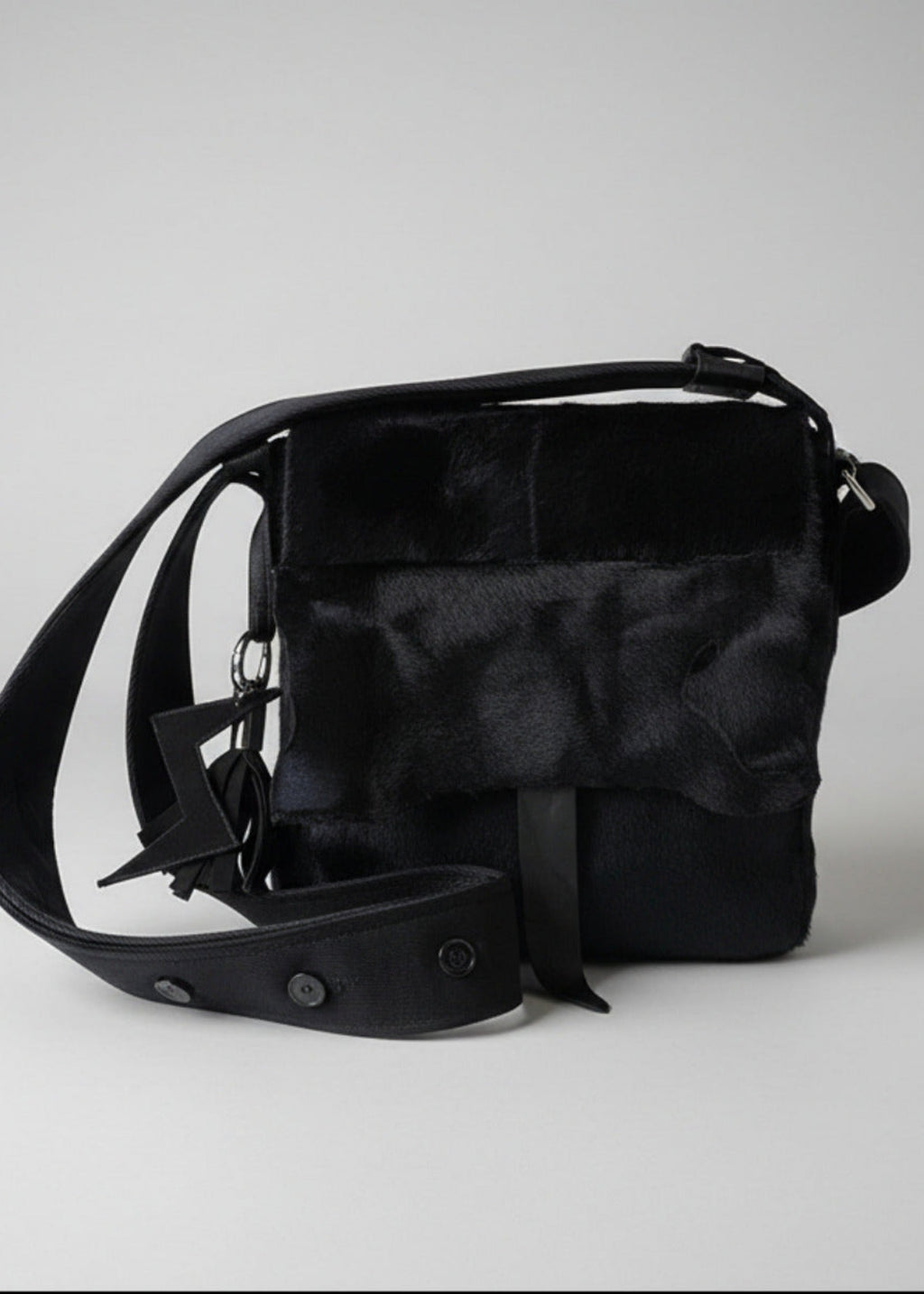 Stacy Stewart Smith Hair-On Calf Powder Satchel Bag front view gray background. 