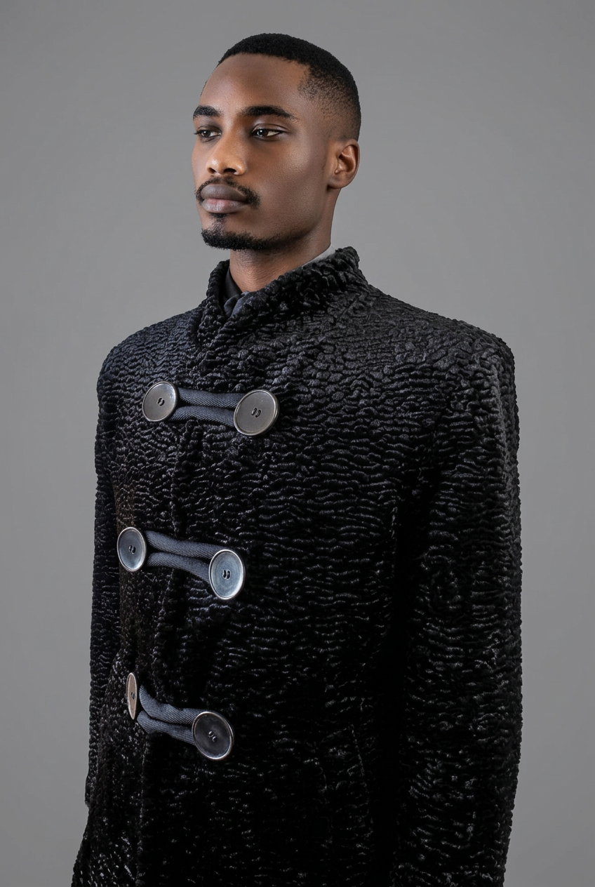 Stacy Stewart Smith Men's Grand Soir Montmartre Persian Lamb Coat with Detachable Shearling Collar, shown front view on a mannequin at 6'3 ", zoomed 3/4 frontal view on a mannequin 6'3" in front of a white wall.