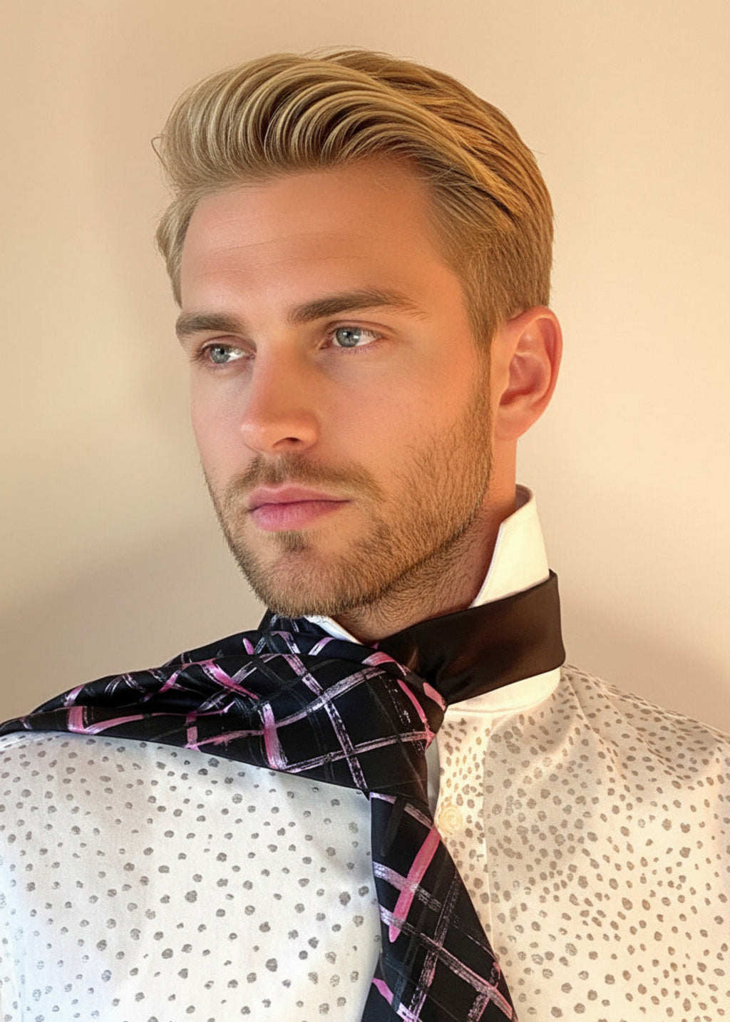 HOW TO TIE A CRAVAT: STEP 4 Atelier Quarterly presents Stacy Stewart Smith's Hand-Painted Cotton Percale Shirt and Hand-Painted Silk Cravat in Onyx/Shocking on a male mannequin front view with collar up against an ivory backdrop.