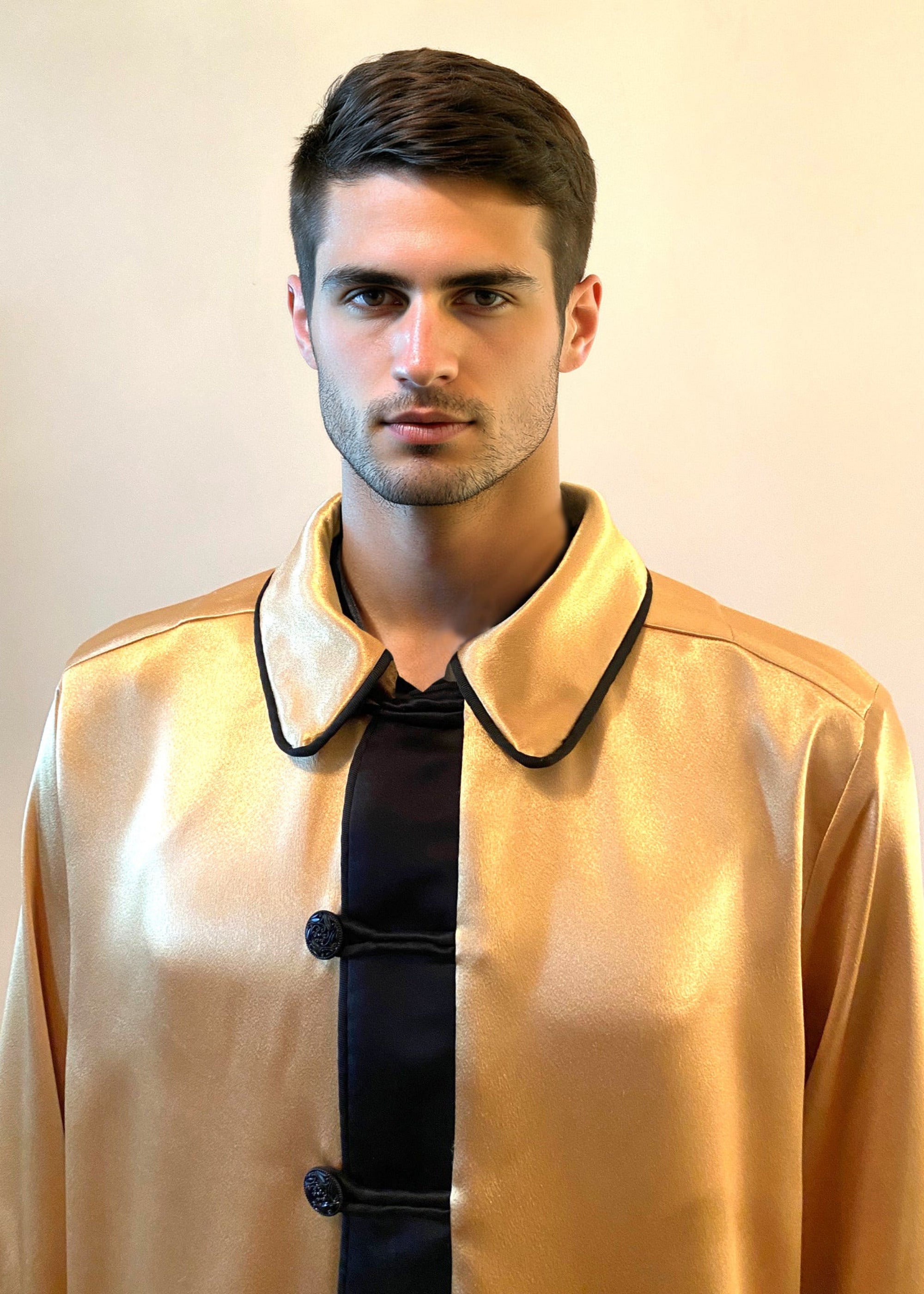Stacy Stewart Smith Men's Golden Tang Satin Lounge Set on a mannequin 6'3" closed with the collar collar zoomed portrait frontal view.