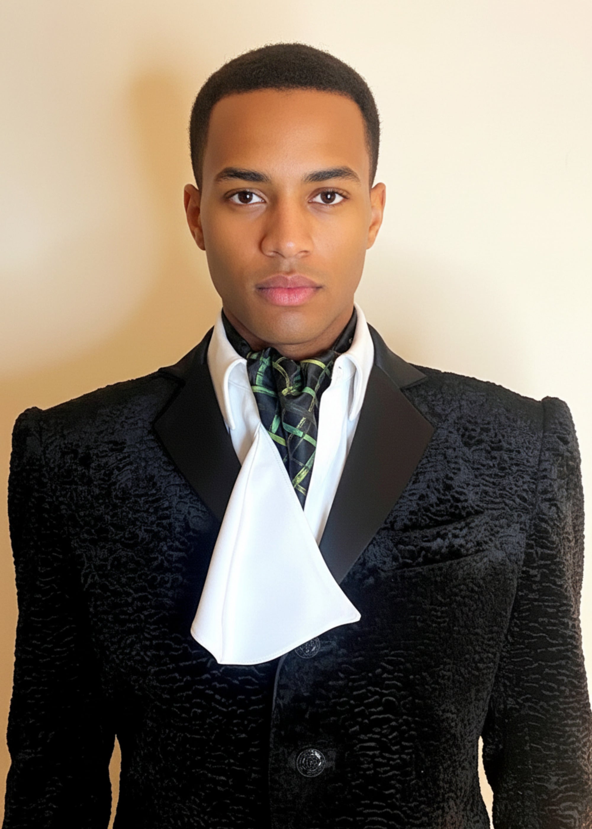 Stacy Stewart Smith Silk Satin Crosshatch Cravat in Shocking Peridot on black with white shirt on male mannequin 6'3" front view.