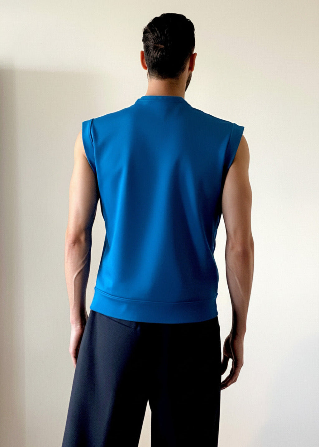 Stacy Stewart Smith Men's Rhombus Labyrinth Pullover Sleeveless Knit Top on mannequin 6'3" back view.