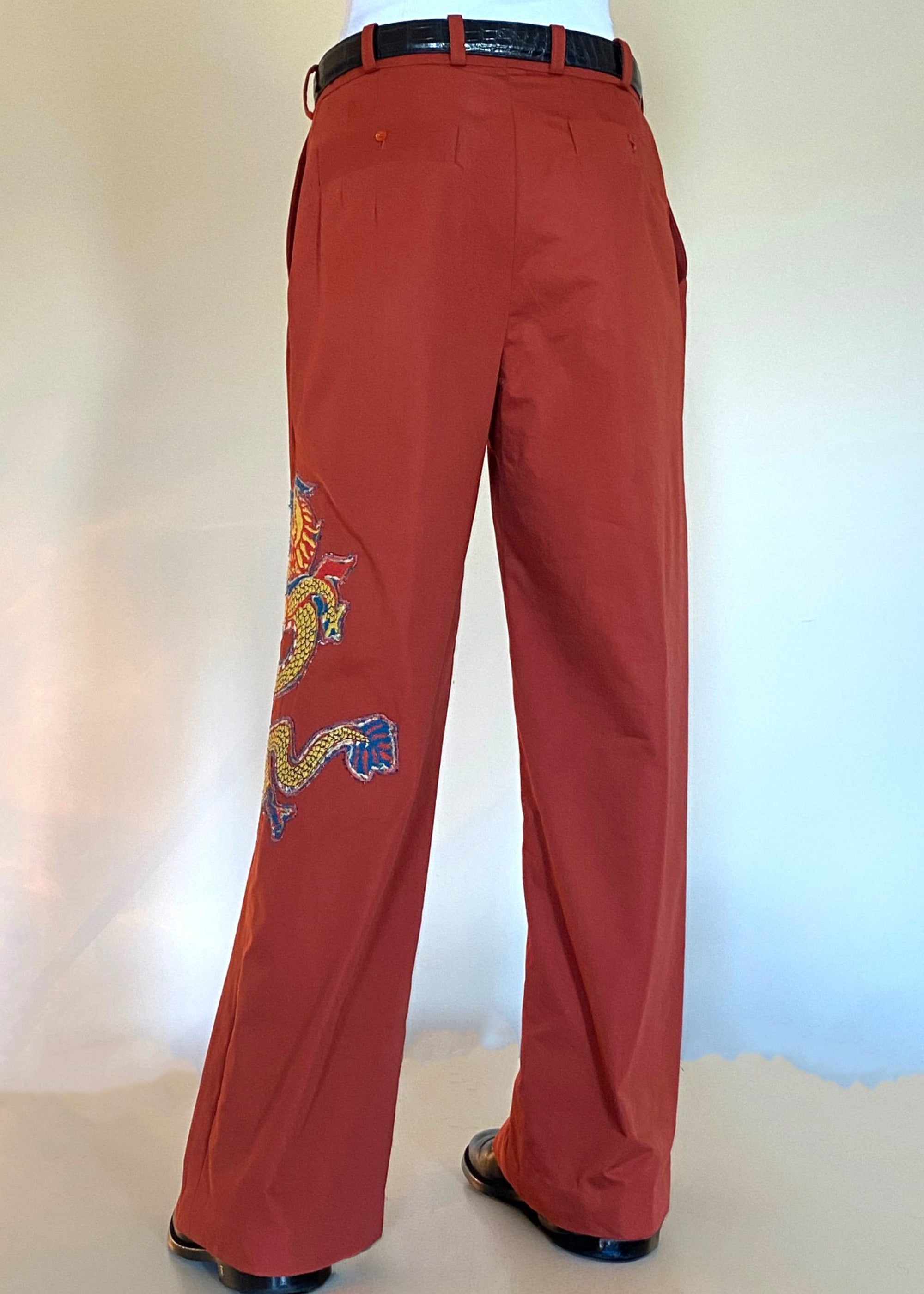 Stacy Stewart Smith Dragon & Ruby Flat Front Persimmon Cotton Twill Windsor Pants on a mannequin 6'3" back view.