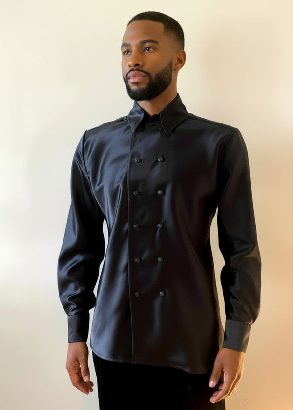 Stacy Stewart Smith Men's Duex Onyx Fois Silk Satin Shirt on a male mannequin 6'3 frontal view against an antique white wall. 