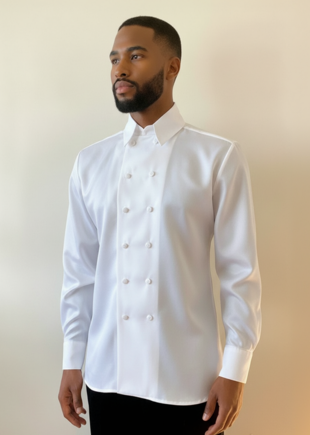 Stacy Stewart Smith Men's Flint Duex Fois Silk Satin Shirt on a male mannequin 6'3 frontal view against an antique white wall.