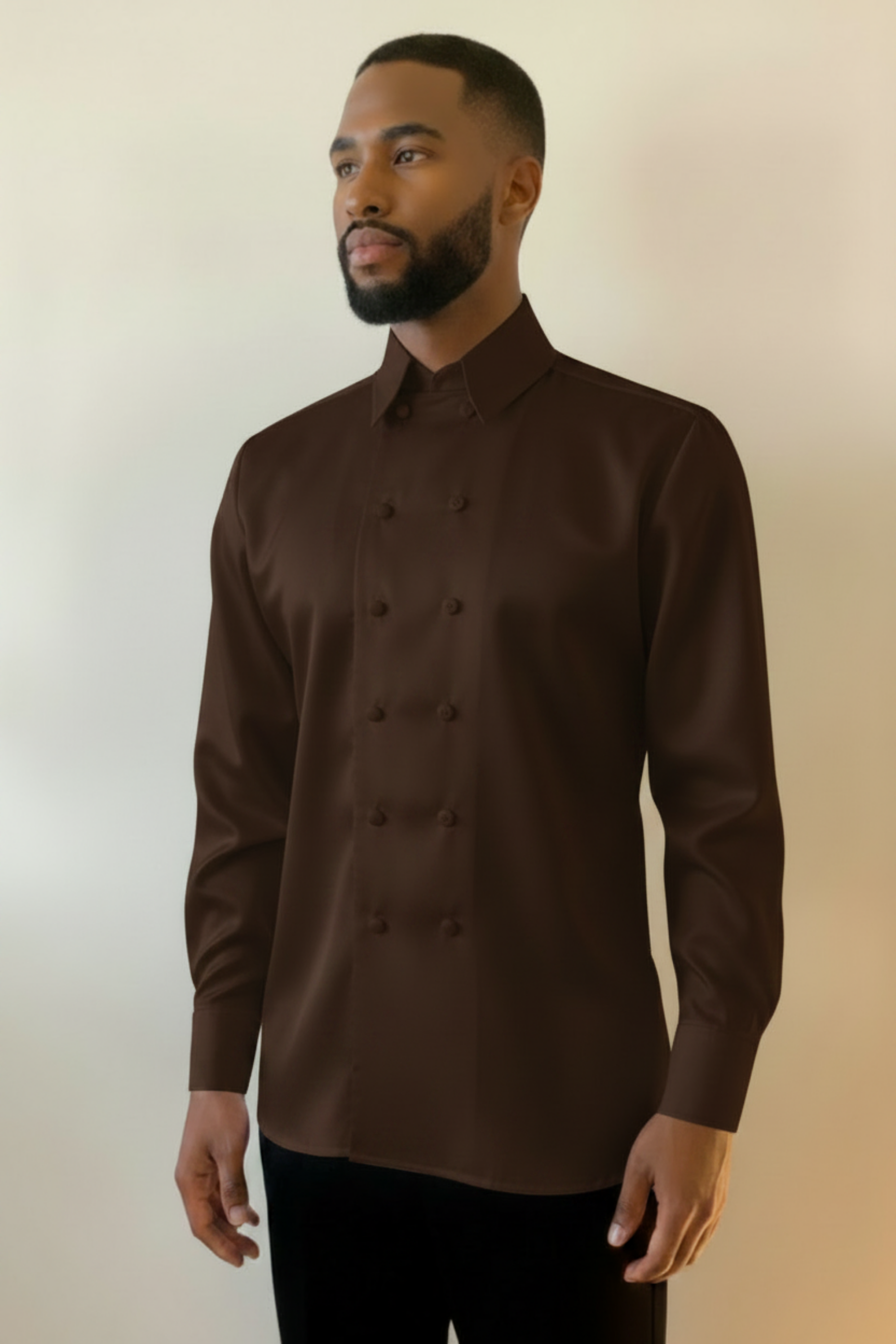 Stacy Stewart Smith Men's Expresso Duex Fois Silk Satin Shirt on a male mannequin 6'3 frontal view against an antique white wall.