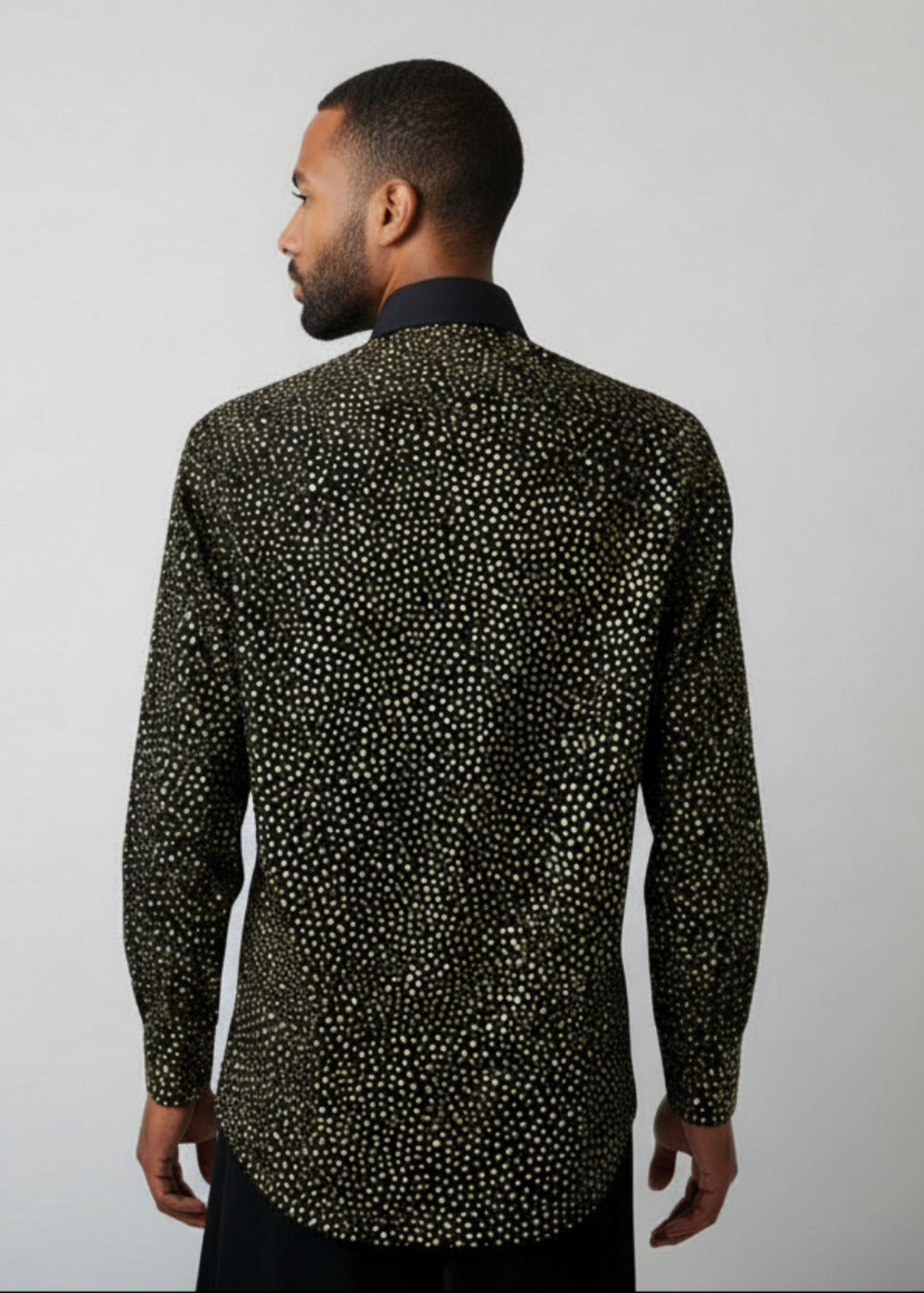 Stacy Stewart Smith Men's Golden Angels Black Premium Cotton Percale Hand-Painted Shirt on mannequin 6'3" back view.