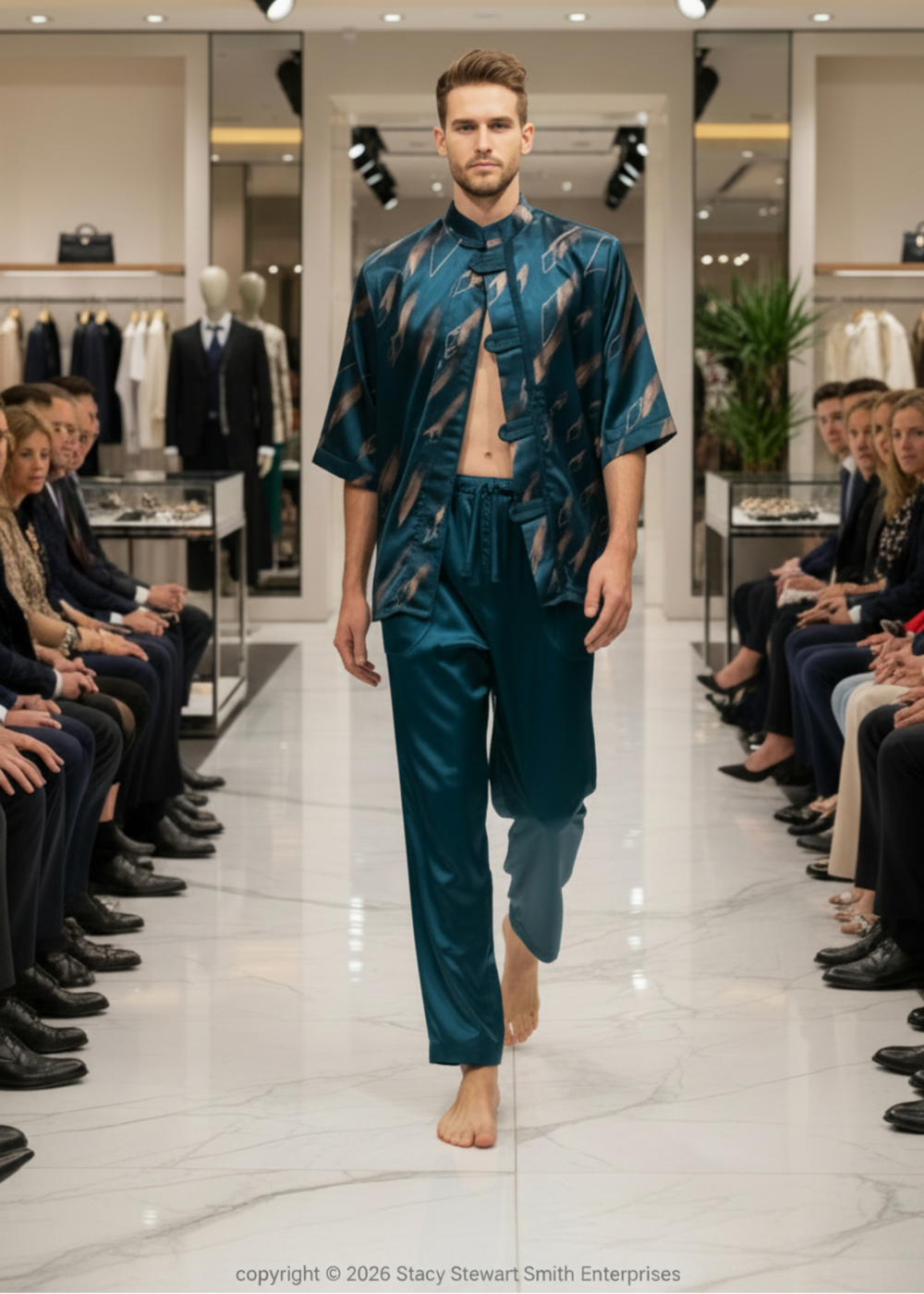Stacy Stewart Smith Teal Rhombus Shower hand-painted shirt-jack with coordinating satin jiu-Jitsu drawstring pants. on mannequin 6'3" walking in retail fashion show with spectators.