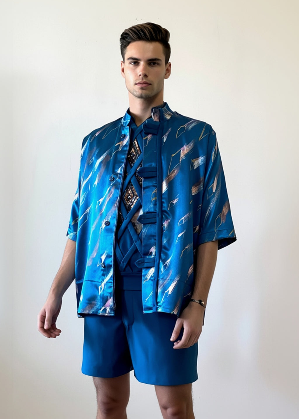 Stacy Stewart Smith Men's Rhombus Shower Hand-Painted Pool Shirt-Jacket on mannequin 6'3" frontal view open with shorts.