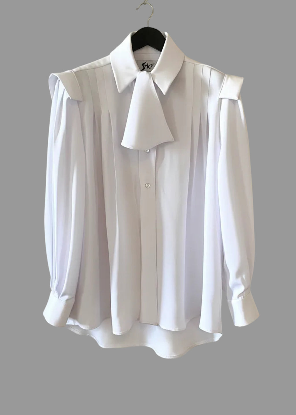 Stacy Stewart Smith Men's Poet Laureate White Silk Crepe Shirt on a hanger front flat view with jabot against gray backdrop.