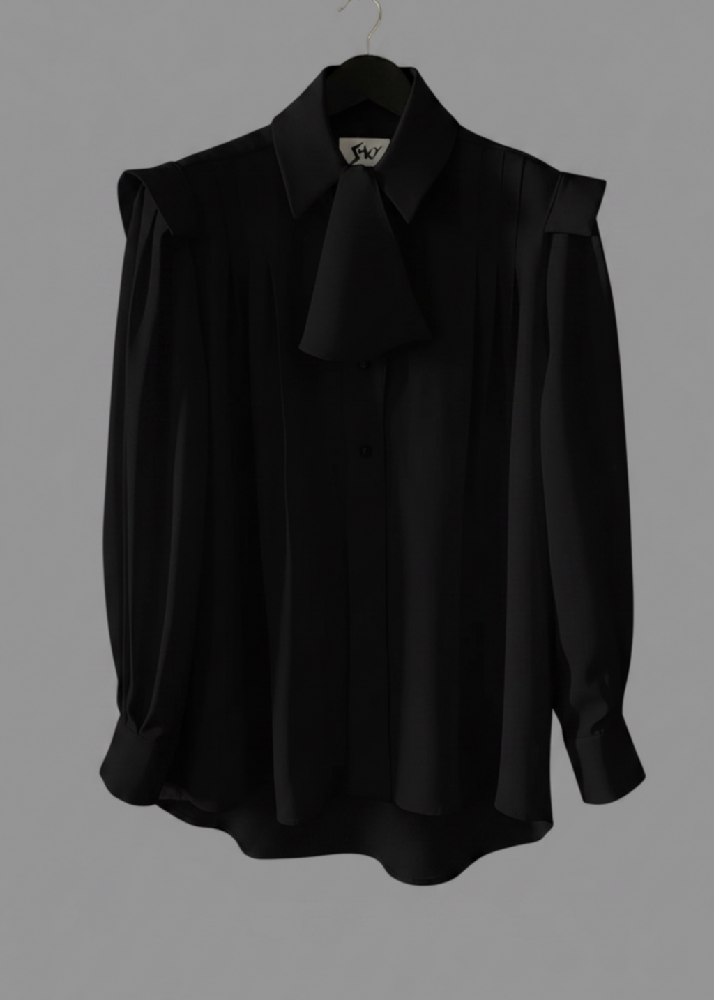 Stacy Stewart Smith Men's Poet Laureate Black Silk Crepe Shirt on a hanger front flat view with jabot against gray backdrop.