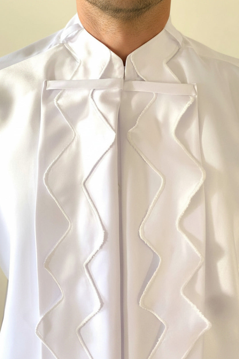 Stacy Stewart Smith Men's Noble Innocent Satin Shirt front view without ascot tie on mannequin 6'3" against antique white wall.