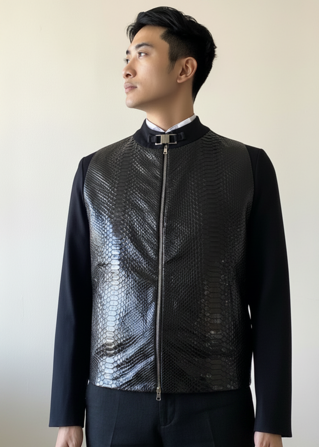 Stacy Stewart Smith Men's Black Python & Denim Bellhop Jacket on mannequin 6'3" with antique white wall backdrop.
