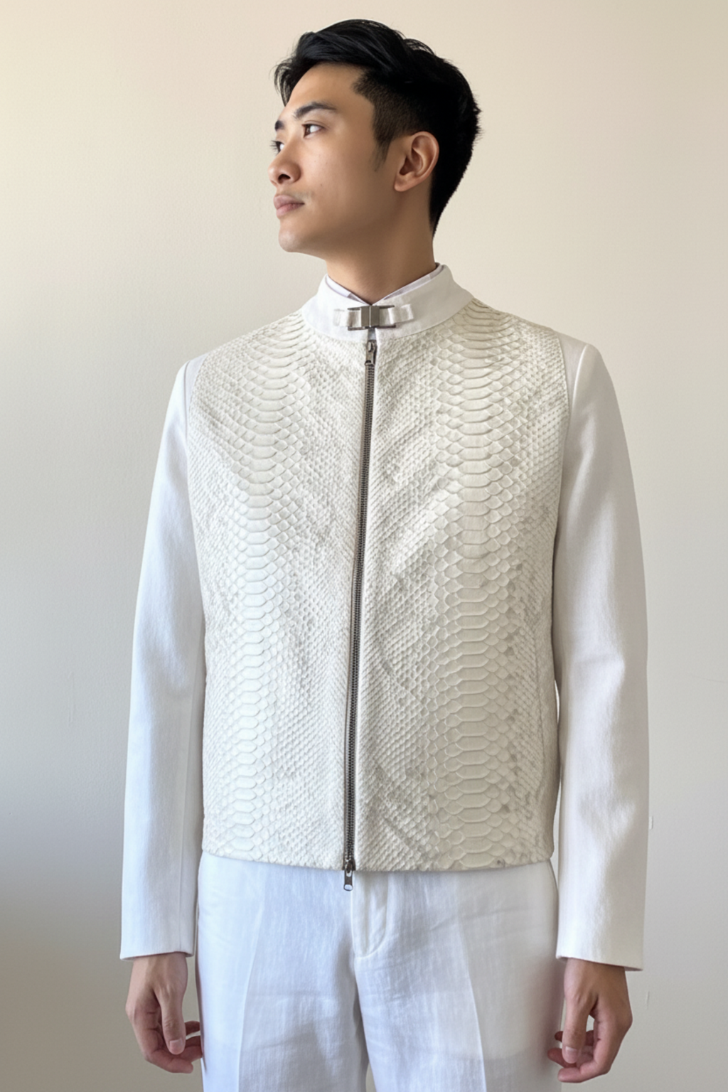 Stacy Stewart Smith Men's White Python & Denim Bellhop Jacket on mannequin 6'3" with antique white wall backdrop.